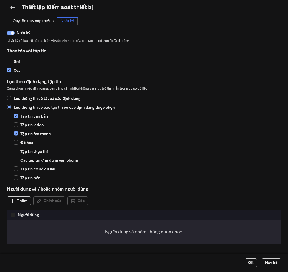 Cửa sổ để cấu hình ghi nhật ký sự kiện về việc sử dụng ổ đĩa di động. Người dùng có thể chọn các sự kiện để được ghi lại.