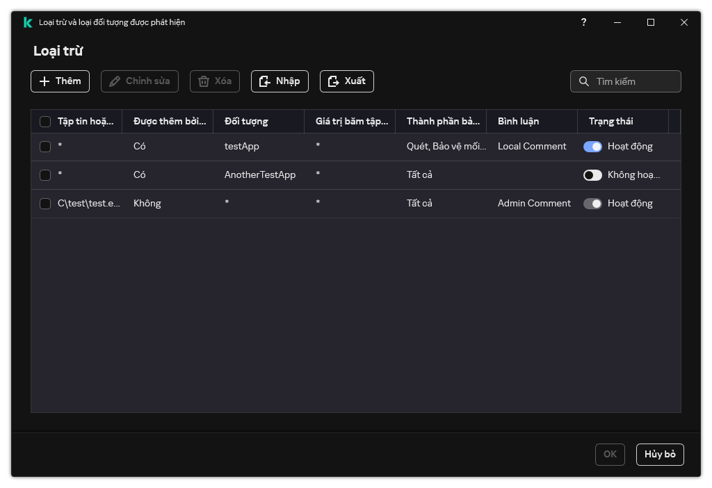 Một cửa sổ chứa danh sách loại trừ. Thuộc tính của loại trừ được hiển thị. Người dùng có thể thêm, chỉnh sửa hoặc xóa các loại trừ.