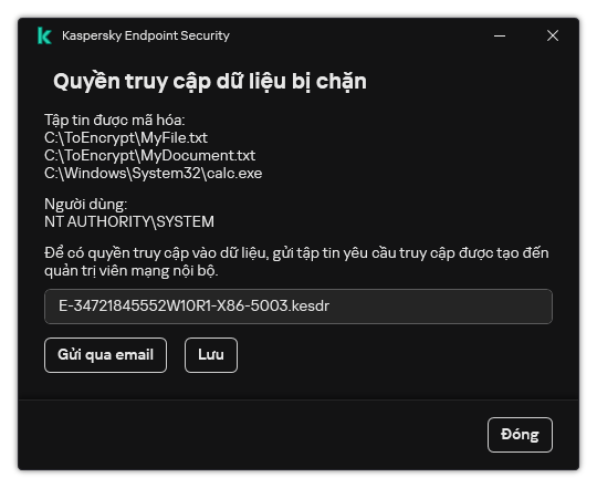 Một cửa sổ có tập tin yêu cầu truy cập dữ liệu được mã hóa. Người dùng có thể lưu tập tin đã tạo vào đĩa hoặc gửi tập tin qua email.