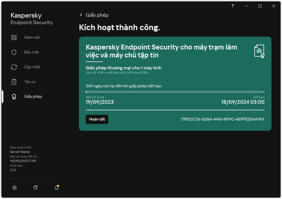 Cửa sổ chứa thông tin về giấy phép: ngày hết hạn, các chức năng khả dụng và các thông tin khác.