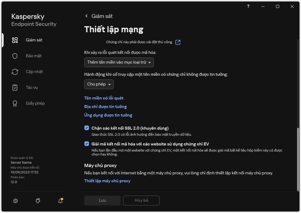 Cửa sổ thiết lập mạng ứng dụng.