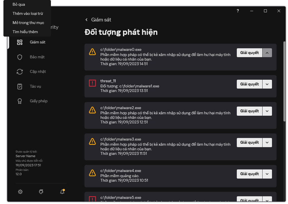 Một cửa sổ chứa danh sách các đối tượng được phát hiện. Thông tin về đối tượng được hiển thị. Người dùng có thể giải quyết hoặc xóa bỏ đối tượng.