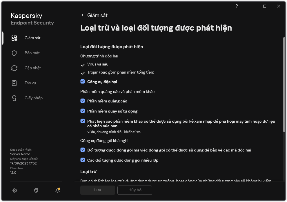 Cửa sổ thiết lập loại trừ. Người dùng có thể chọn loại đối tượng được phát hiện và thêm đối tượng vào mục loại trừ.