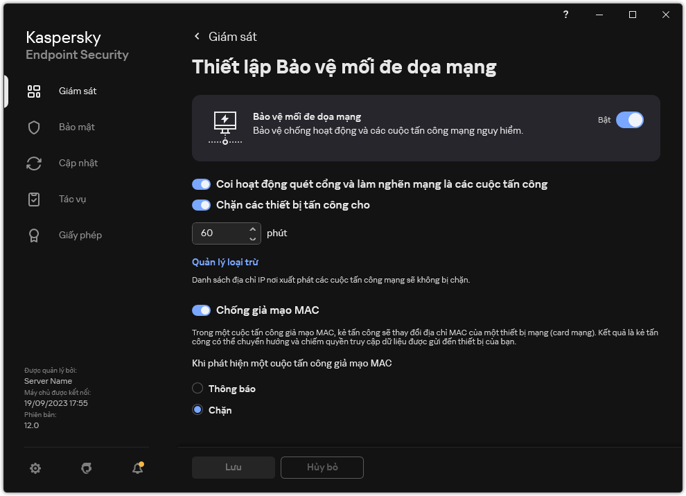 Cửa sổ thiết lập Bảo vệ mối đe dọa mạng