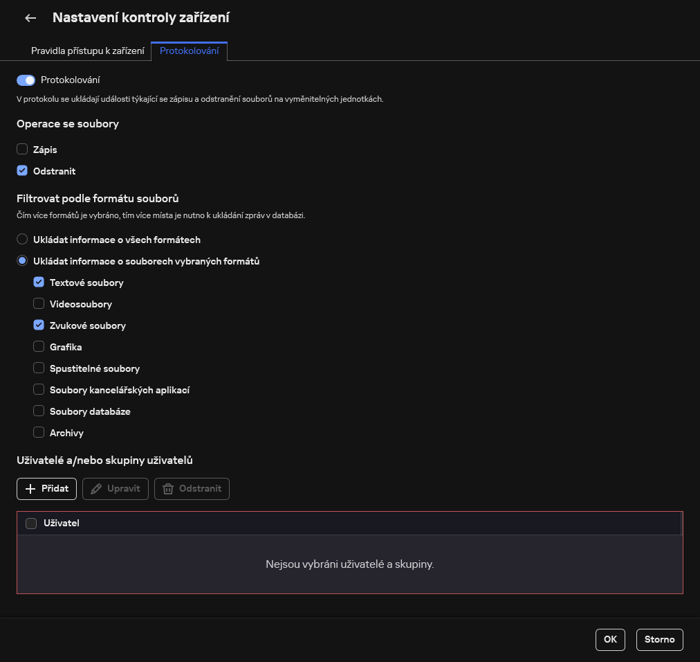 Okno pro konfiguraci protokolování událostí o použití vyměnitelných jednotek. Uživatel si může vybrat události, které mají být protokolovány.