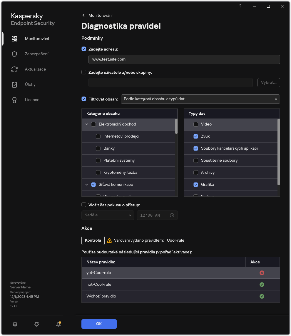 Okno s&nbsp;výsledky testu webových prostředků.