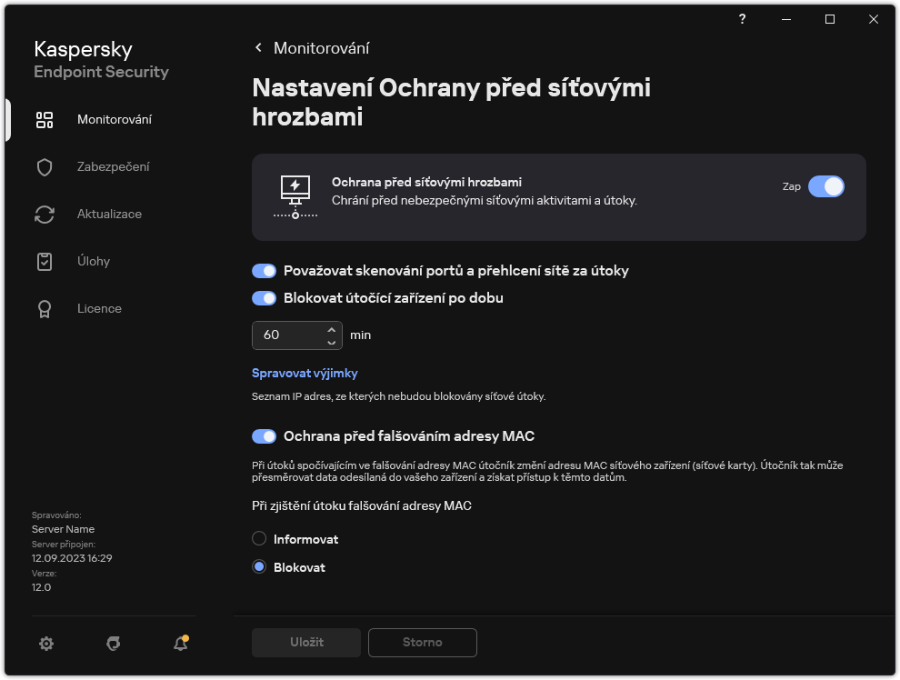 Okno nastavení součásti Ochrana před síťovými hrozbami