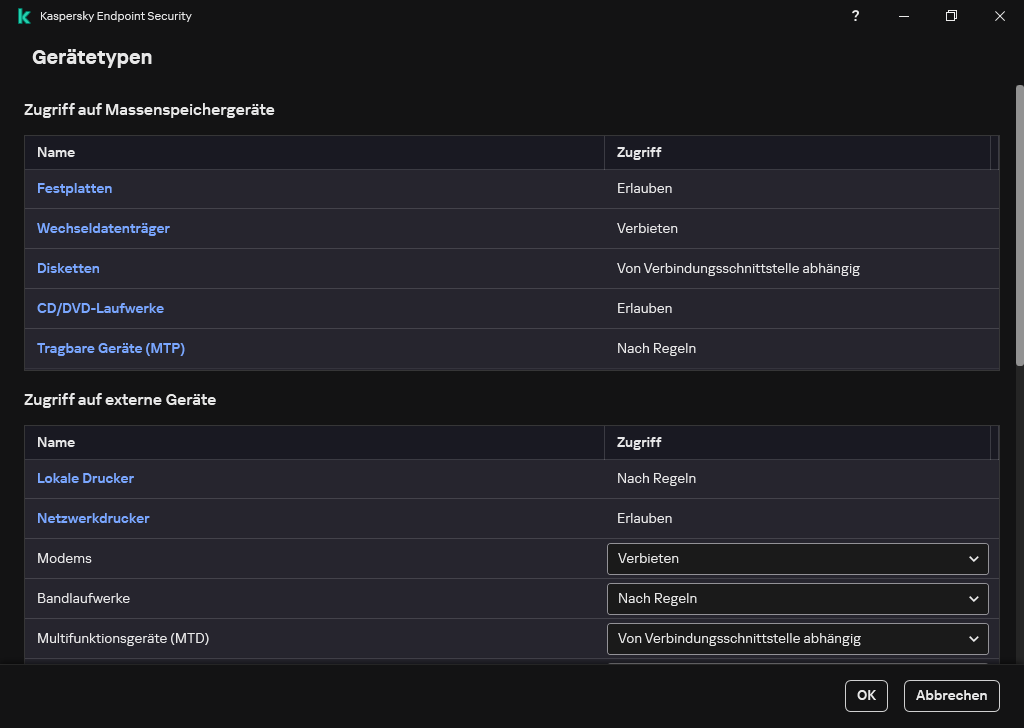 Fenster zum Konfigurieren des Zugriffs auf Geräte. Der Benutzer kann den Zugriff auf Geräte konfigurieren und zusätzliche Zugriffseinstellungen festlegen, z. B. einen Zugriffszeitplan.