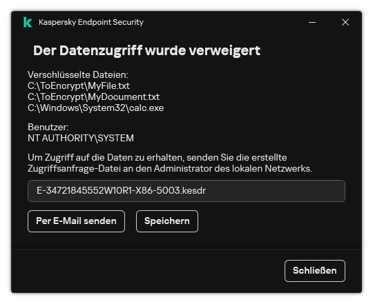 Ein Fenster mit einer Zugriffsanfrage-Datei für verschlüsselte Daten. Der Benutzer kann die generierte Datei auf der Festplatte speichern oder per E-Mail versenden.