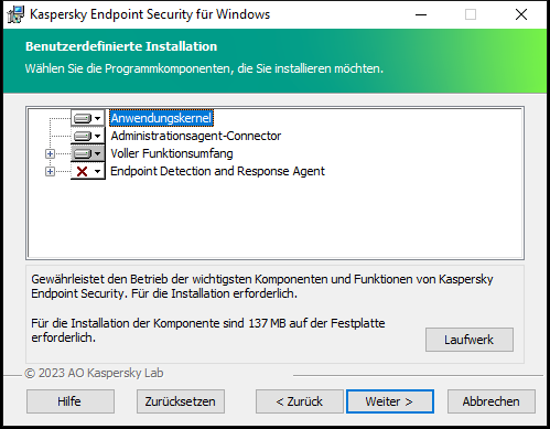 Fenster des Installationsprogramms mit einer Liste der Komponenten, die der Benutzer auswählen kann.