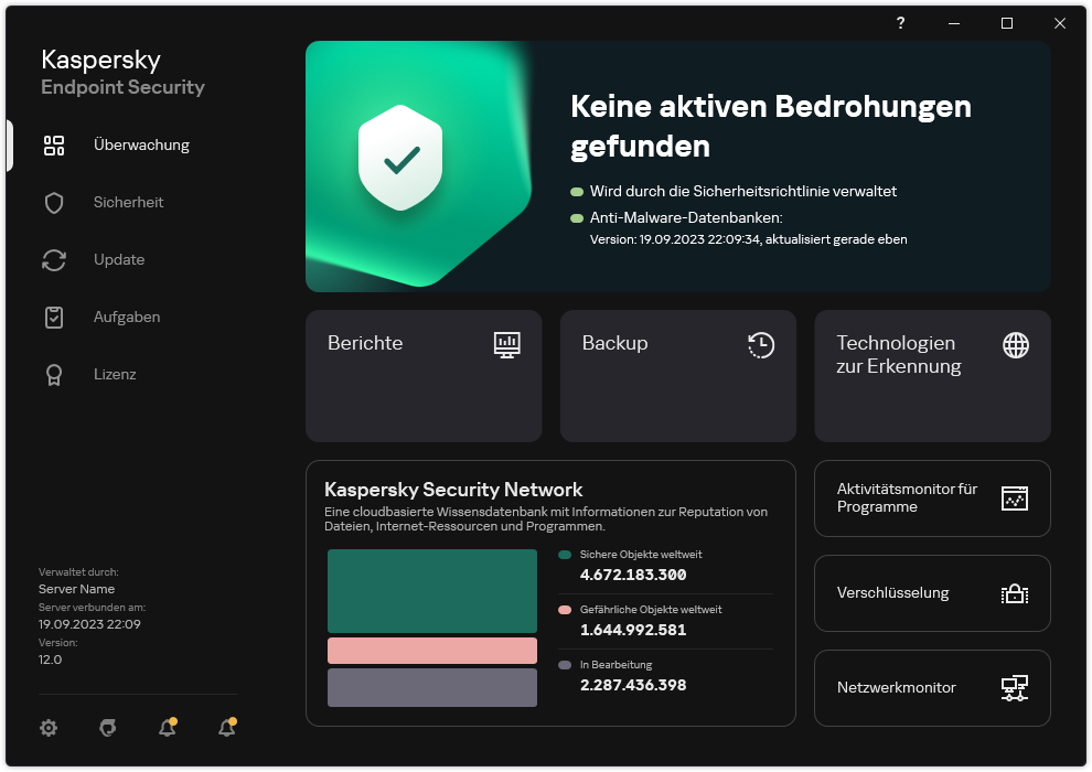 Das App-Hauptfenster enthält Abschnitte zur Überwachung der Computersicherheit und zur Verwaltung der App.