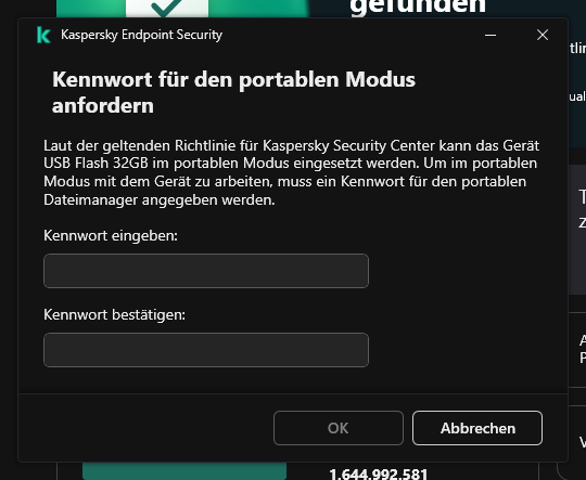 Das Fenster enthält Felder zur Eingabe und Bestätigung des Kennworts.