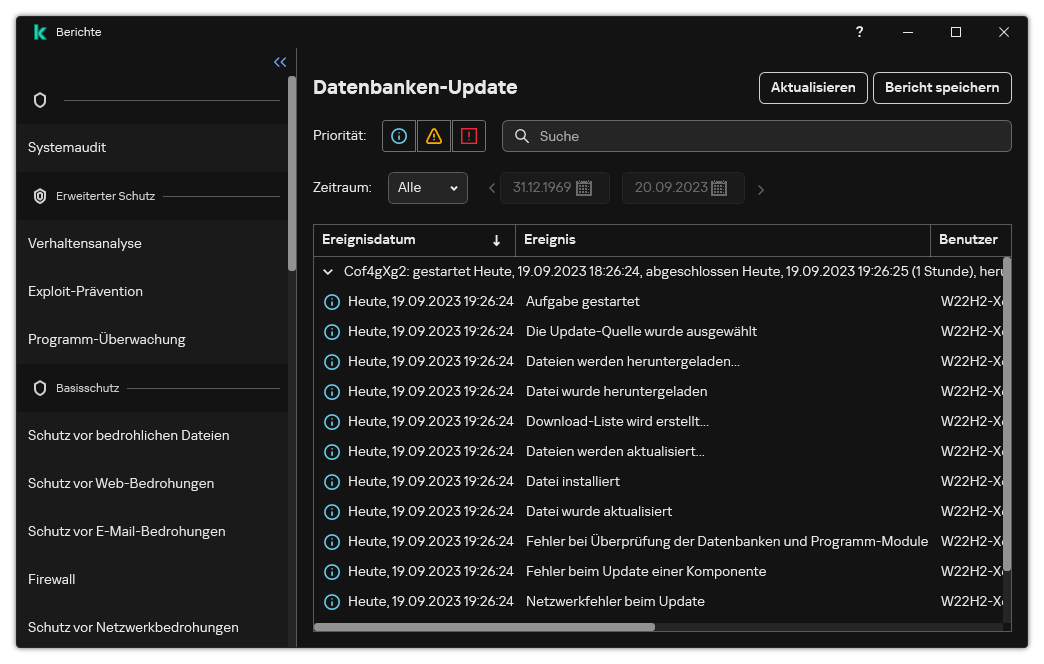 Ein Fenster mit der Ereignisliste im Bericht. Der Benutzer kann Ereignisse filtern bzw. sortieren und Berichte in einer Datei speichern.