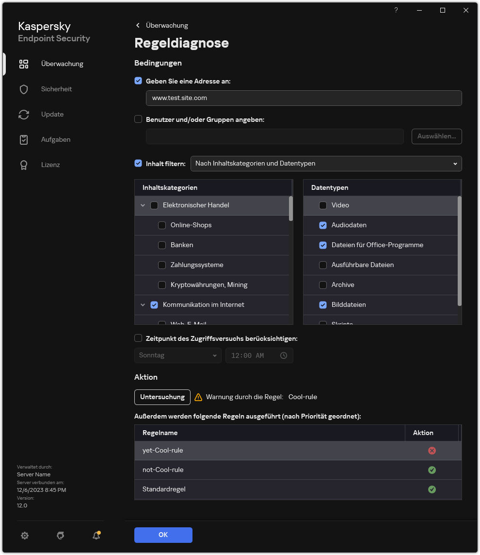 Fenster mit Testergebnissen für eine Webressource.