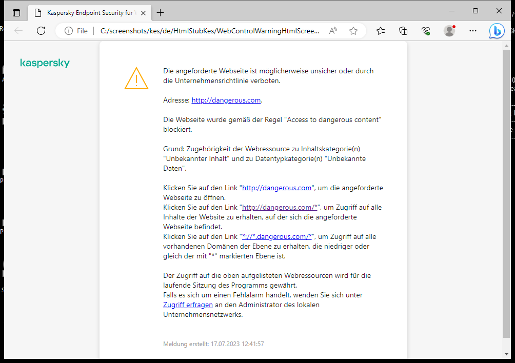 Kaspersky-Benachrichtigung: Besuch einer möglicherweise unsicheren Webseite im Browserfenster. Der Benutzer kann eine Zugriffsanfrage für die Webressource erstellen.
