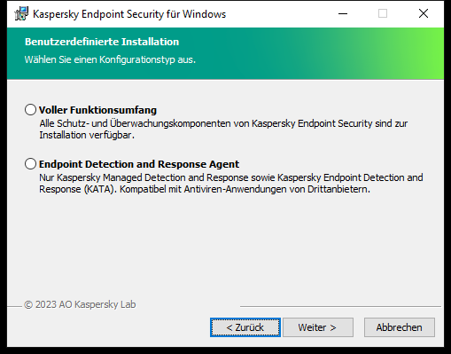 Installationsfenster mit der Konfiguration des Programms: vollständige Funktionalität oder Endpoint Detection and Response Agent.