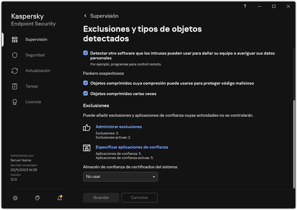 Ventana de configuración de exclusiones. El usuario puede añadir exclusiones y aplicaciones de confianza.