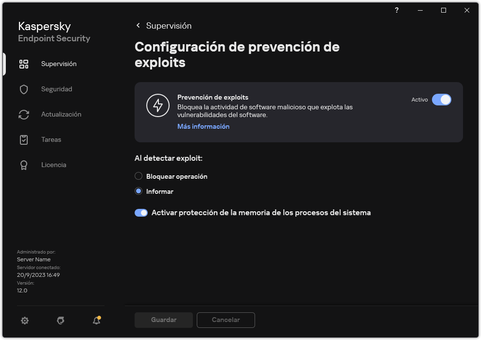 Ventana Configuración de Prevención de exploits