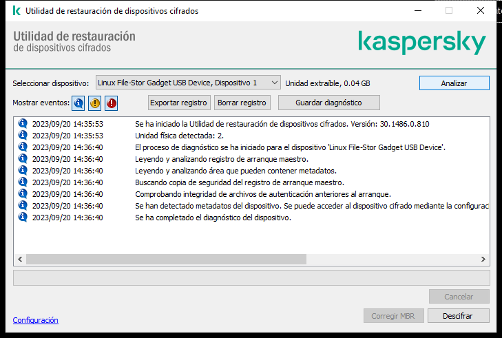 Una ventana con la lista de eventos de utilidad. El usuario puede ejecutar diagnósticos y descifrar el dispositivo seleccionado.