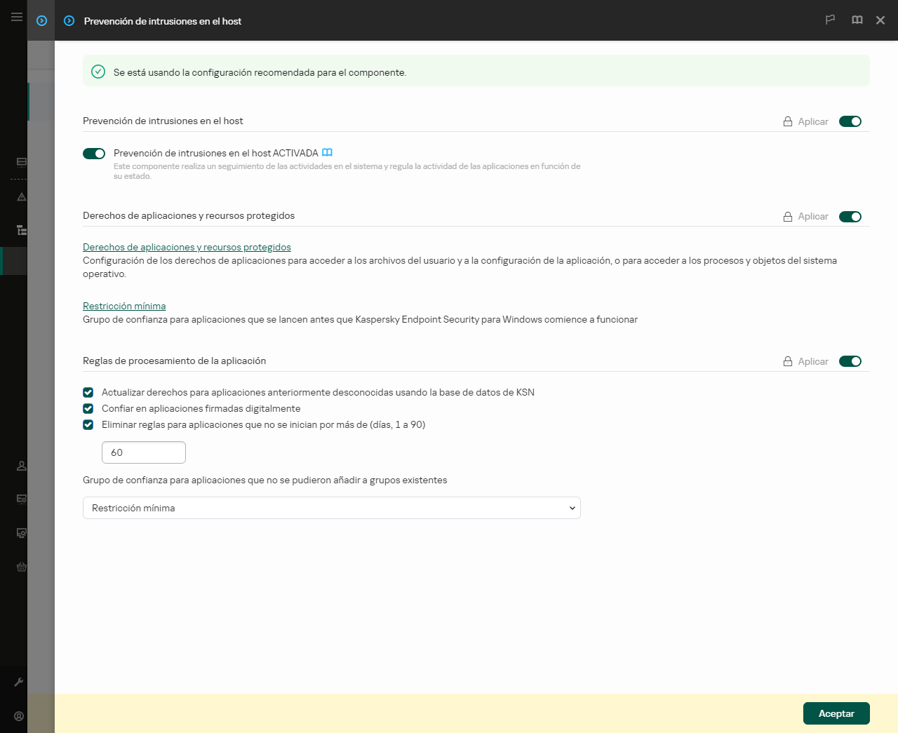 Ventana Configuración de Prevención de intrusiones.