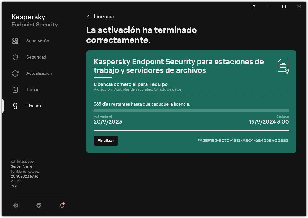 La ventana contiene información sobre la licencia: fecha de caducidad, funciones disponibles y otra información.