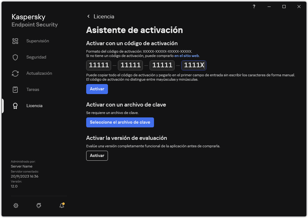 Ventana con las herramientas de activación de la aplicación. El usuario puede introducir un código de activación o seleccionar un archivo clave.