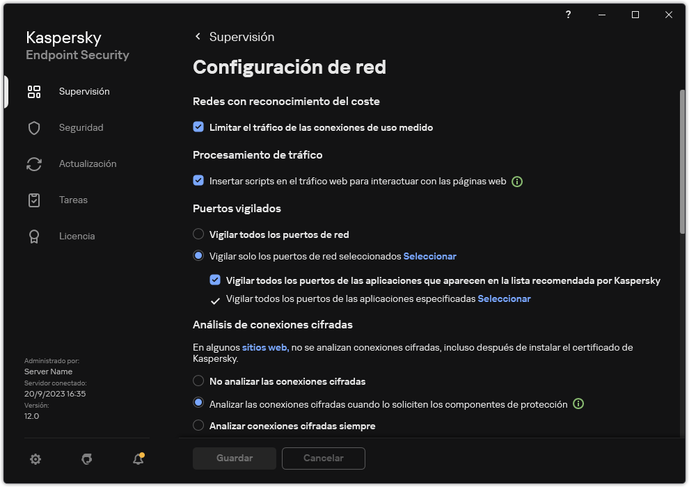 Ventana de configuración de red de la aplicación.