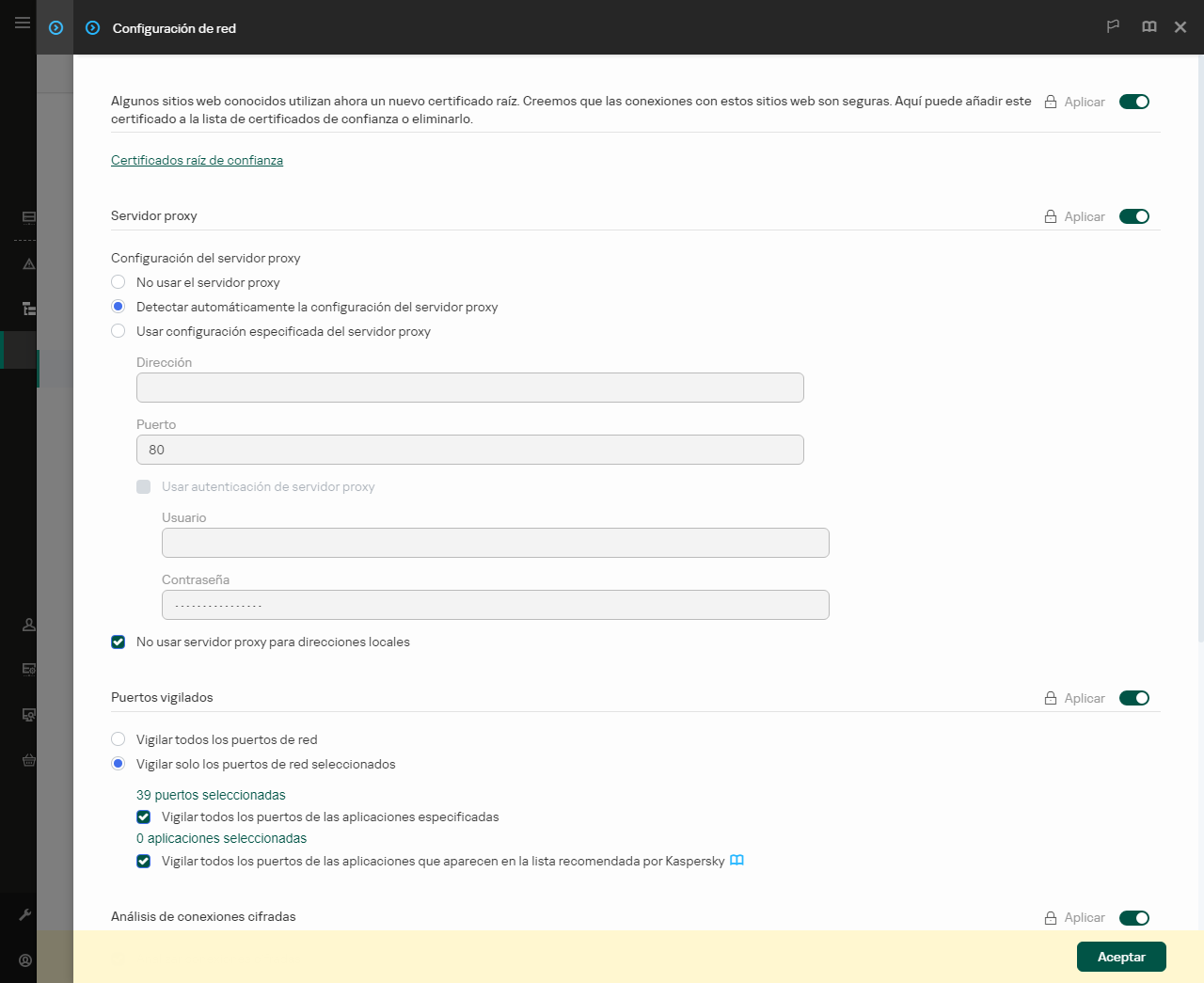 Ventana de configuración de red de la aplicación. El usuario puede configurar los ajustes del servidor proxy.