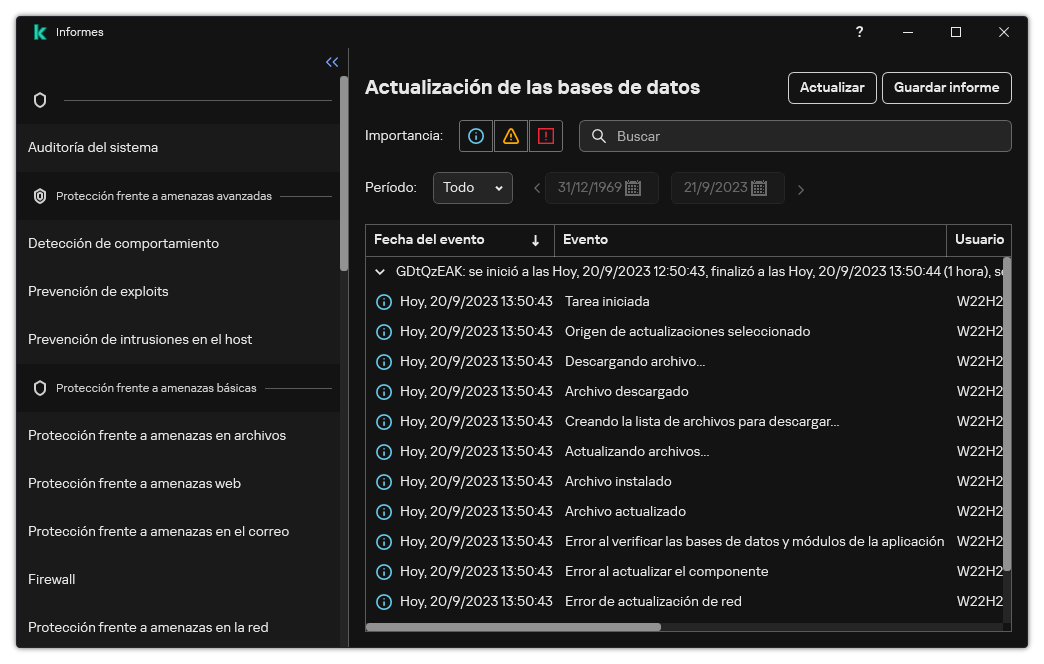 Una ventana con la lista de eventos del informe. El usuario puede filtrar/ordenar eventos y guardar informes en un archivo.
