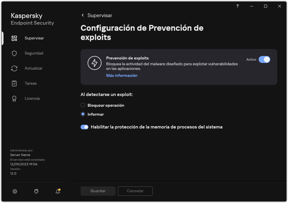 Ventana de configuración de Prevención de exploits