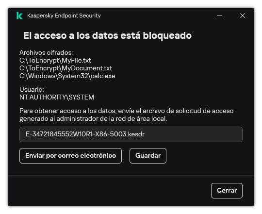 Una ventana con un archivo de solicitud para acceder a datos cifrados. El usuario puede guardar el archivo generado en el disco o enviarlo por correo electrónico.