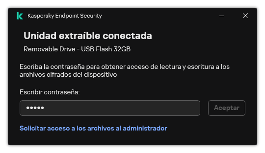 La ventana contiene un campo de entrada de contraseña. El usuario puede crear una solicitud de acceso de archivo.