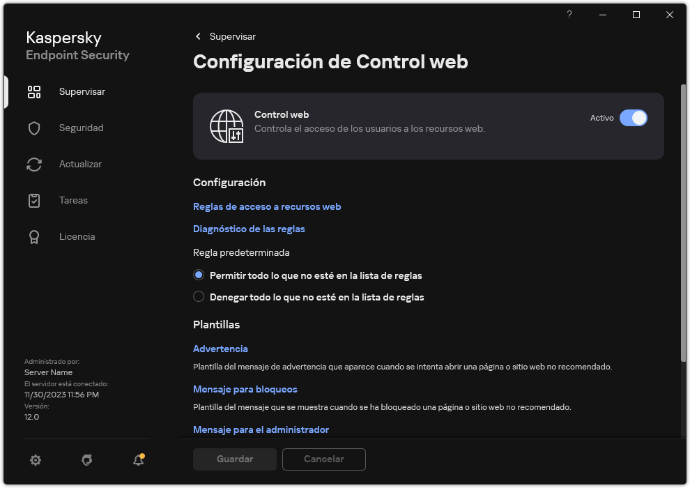 Ventana de configuración de Control&nbsp;web.