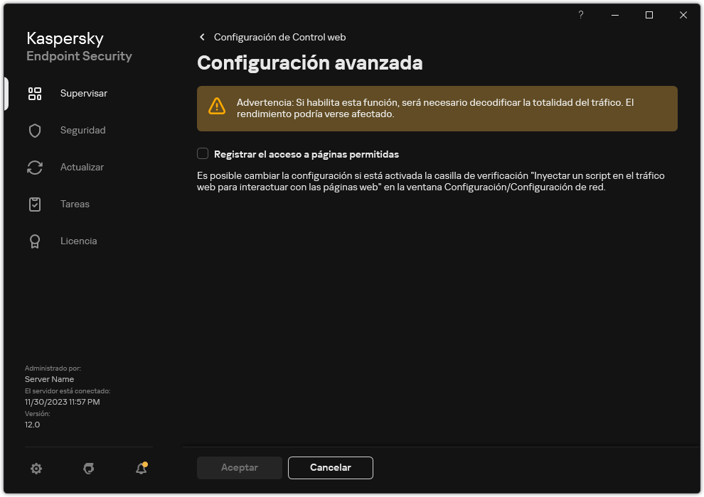 Ventana de configuración avanzada de Control&nbsp;web.