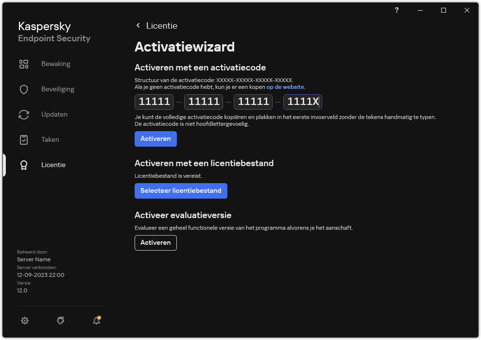 Venster met de hulpprogramma's voor het activeren van het programma. De gebruiker kan een activatiecode invoeren of een licentiebestand selecteren.