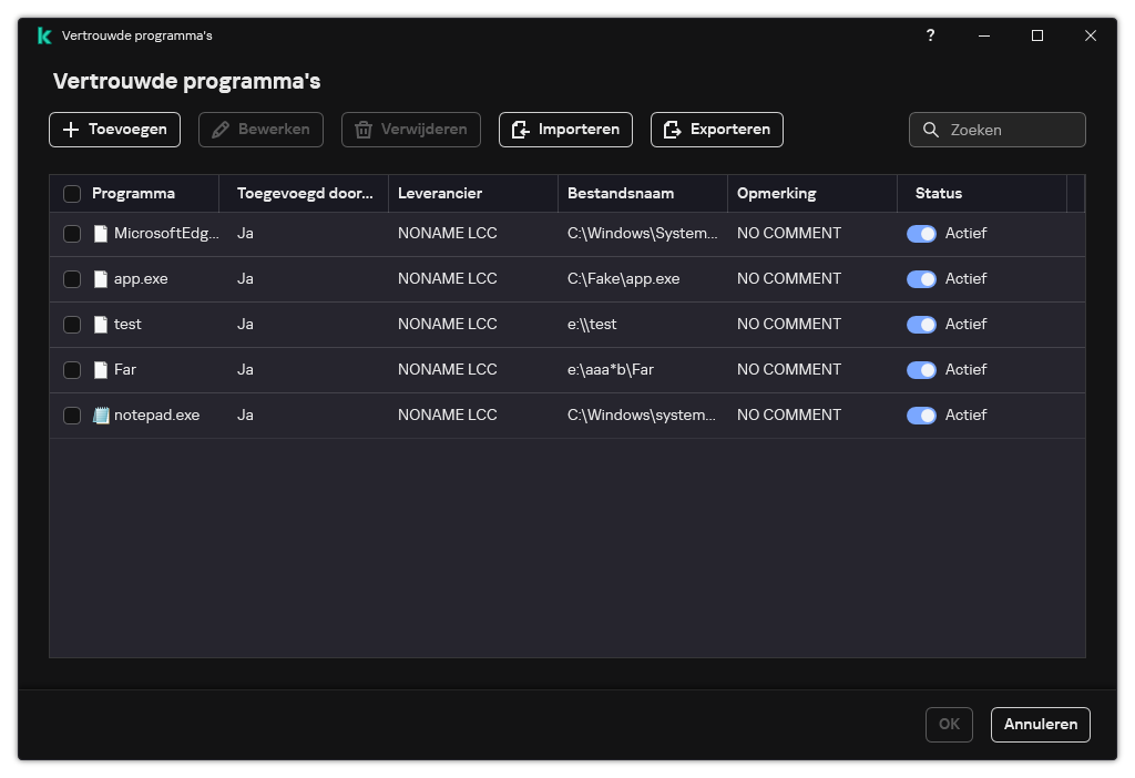 Een venster met de lijst met vertrouwde programma's. De gebruiker kan een vertrouwd programma toevoegen, bewerken of verwijderen.