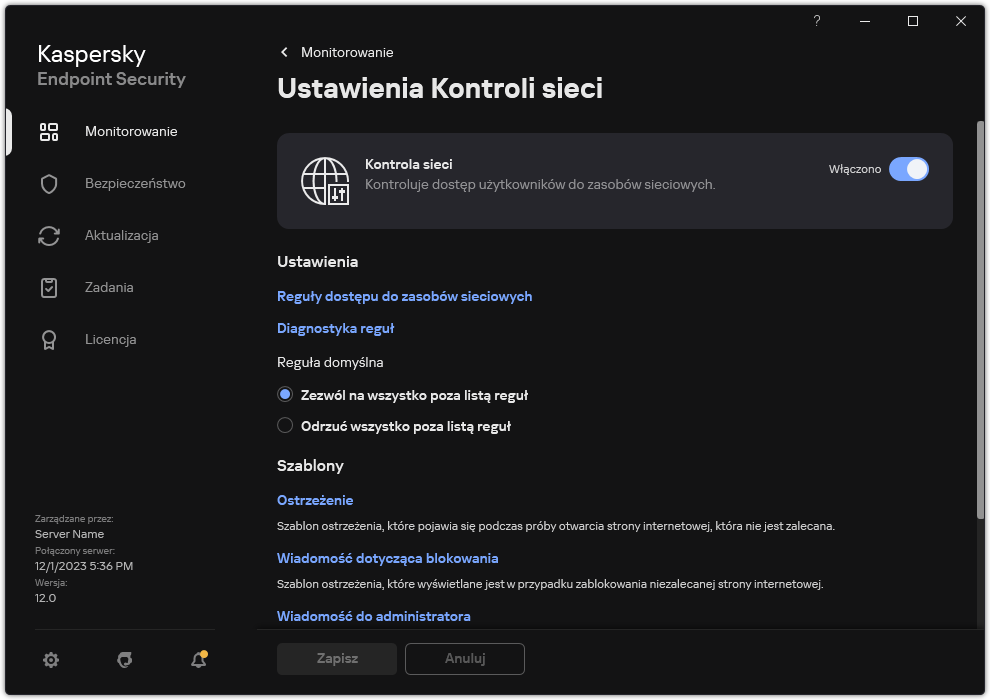 Okno ustawień Kontrola sieci.
