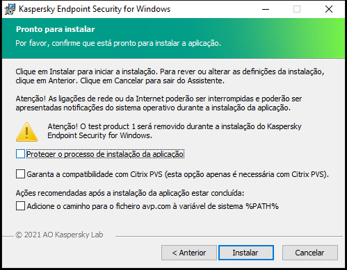 Janela de definições de instalação: proteção de instalação, compatibilidade com Citrix PVS, variável de sistema para avp.com.