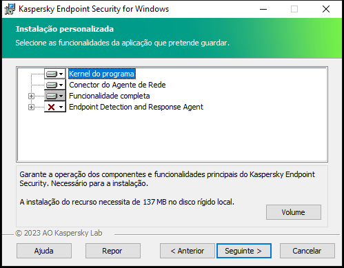 Janela de instalação com uma lista de componentes que um utilizador pode selecionar.