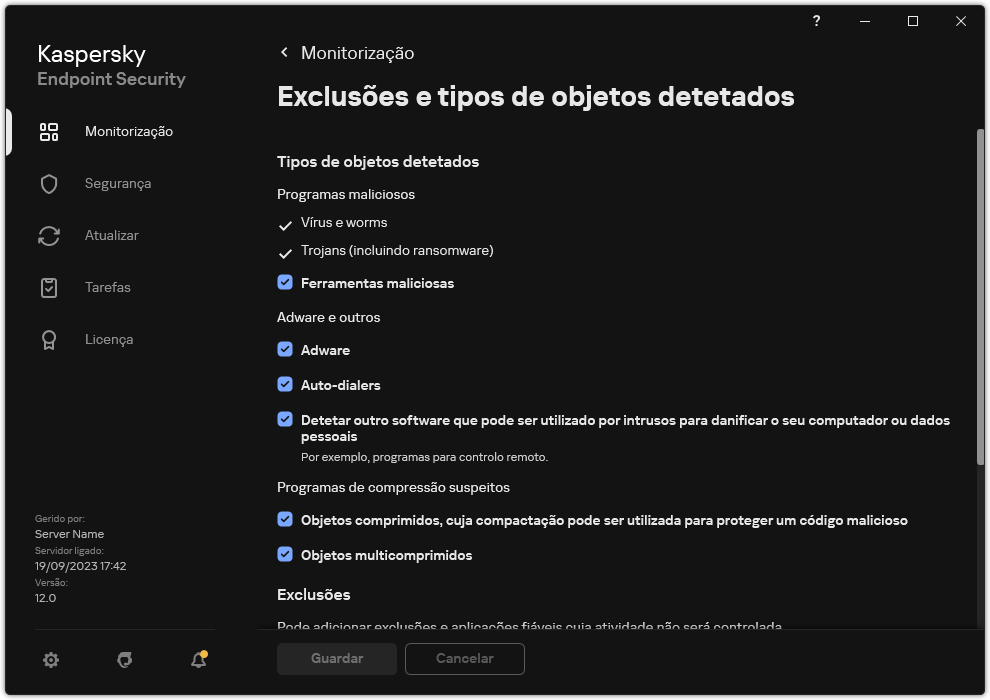 Janela de definições de exclusão. O utilizador pode selecionar tipos de objetos detetados e adicionar objetos às exclusões.