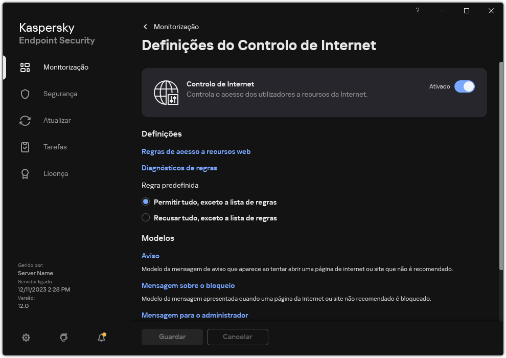 Janela de definições do Controlo de Internet.