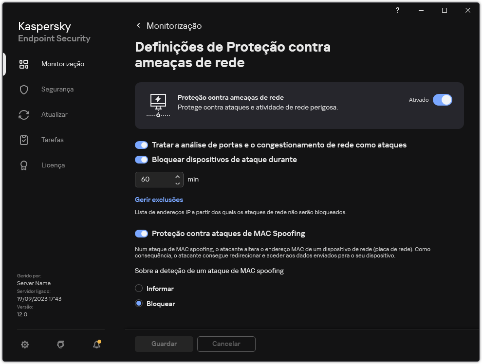 Janela de definições da Proteção contra ameaças de Rede
