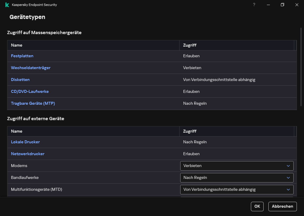 Fenster zum Konfigurieren des Zugriffs auf Geräte. Der Benutzer kann den Zugriff auf Geräte konfigurieren und zusätzliche Zugriffseinstellungen festlegen, z. B. einen Zugriffszeitplan.