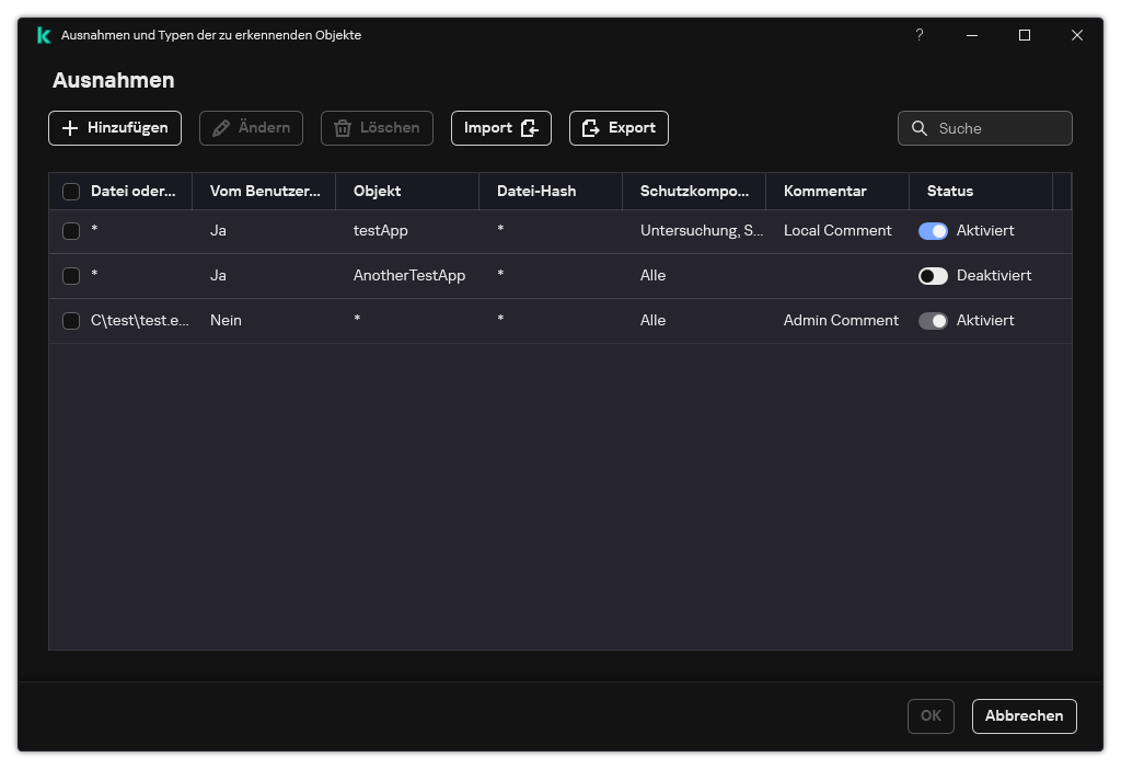 Ein Fenster mit der Liste der Ausnahmen. Die Eigenschaften der Ausnahme werden angezeigt. Der Benutzer kann Ausnahmen hinzufügen, bearbeiten oder löschen.
