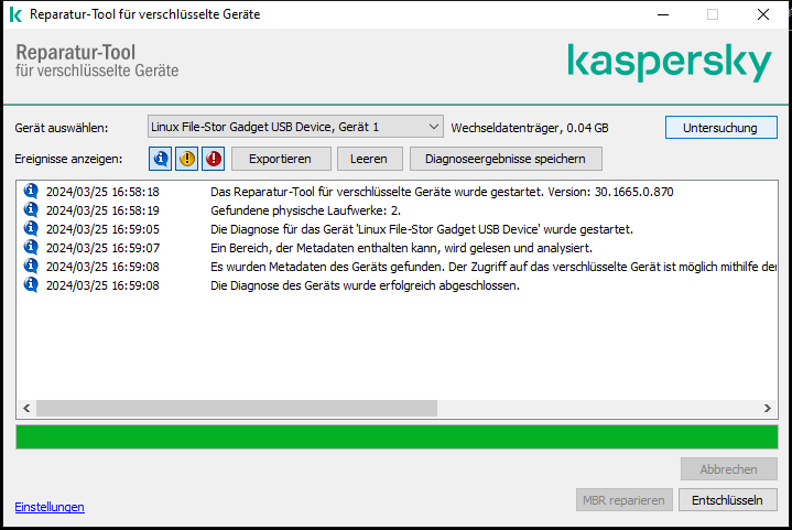 Ein Fenster mit einer Liste der Utility-Ereignisse. Der Benutzer kann eine Diagnose ausführen und das ausgewählte Gerät entschlüsseln.