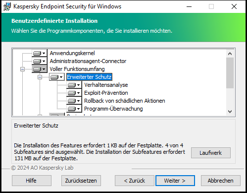 Fenster des Installationsprogramms mit einer Liste der Komponenten, die der Benutzer auswählen kann.