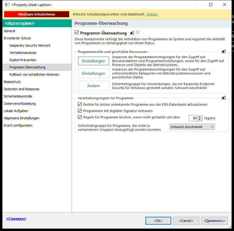 Fenster &bdquo;Einstellungen der Programm-Überwachung&ldquo;.