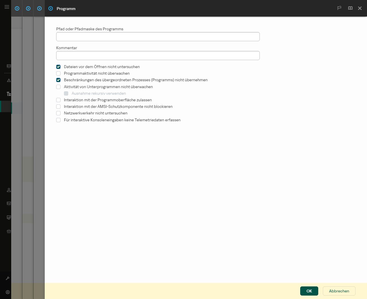 Ein Fenster mit einem Eingabefeld für den Pfad der vertrauenswürdigen App. Es können Masken verwendet werden.
