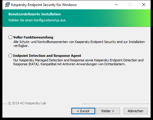 Installationsfenster mit der Konfiguration des Programms: vollständige Funktionalität oder Endpoint Detection and Response Agent.