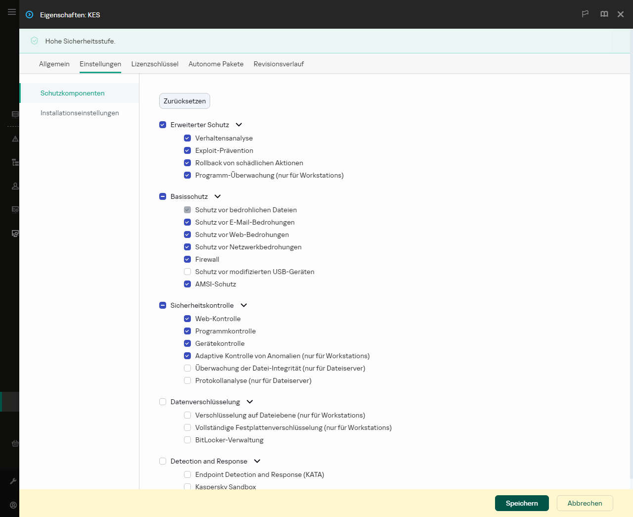 Eigenschaftenfenster des Installationspakets. Sie können auswählen, welche App-Komponenten Sie einbeziehen möchten.